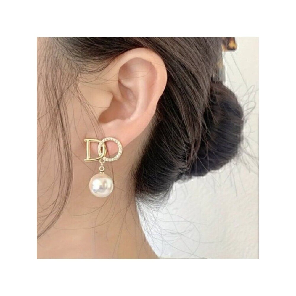 Pearl Pendant Letter Stud Rhinestone Earrings